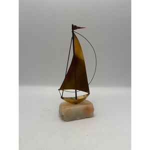 DeMott Brass Sailboat Sculpture on Onyx Stone Base Vintage Nautical MCM‎ Signed